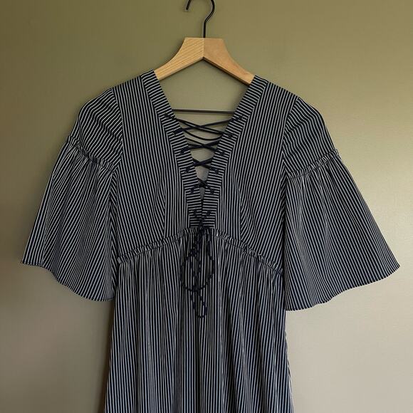 LA LIGNE La Boheme Dress Striped Lace Up Maxi Navy Blue Size XS Tiered Flouncy‎ - Picture 7 of 16